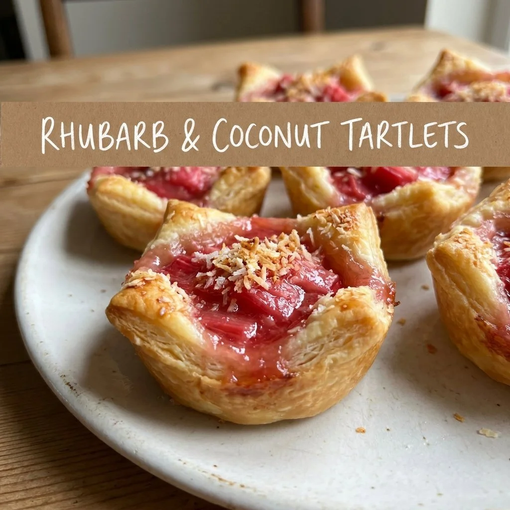 Delicious Rhubarb Coconut Macaroon Tarts Dolce with a flaky crust and coconut topping