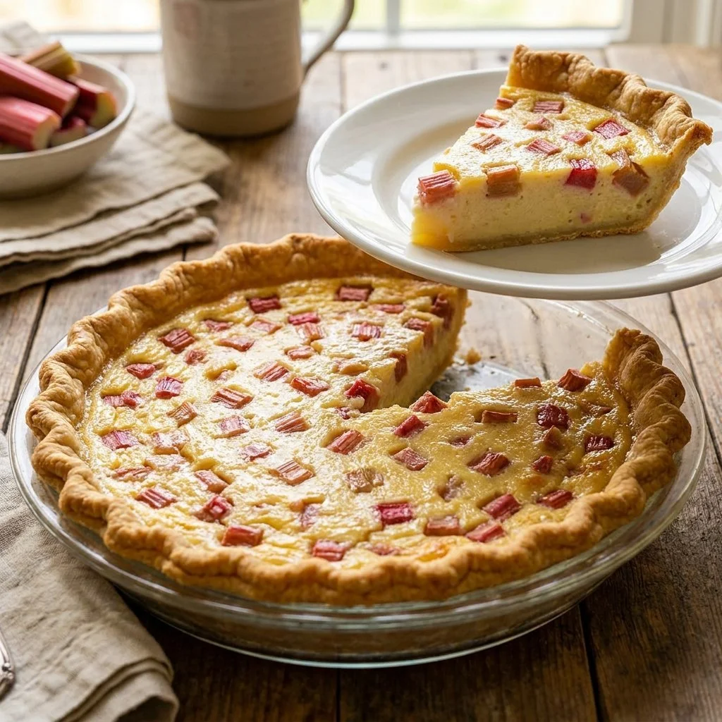Delicious Rhubarb Custard Pie Dolce Vita with flaky crust and creamy filling