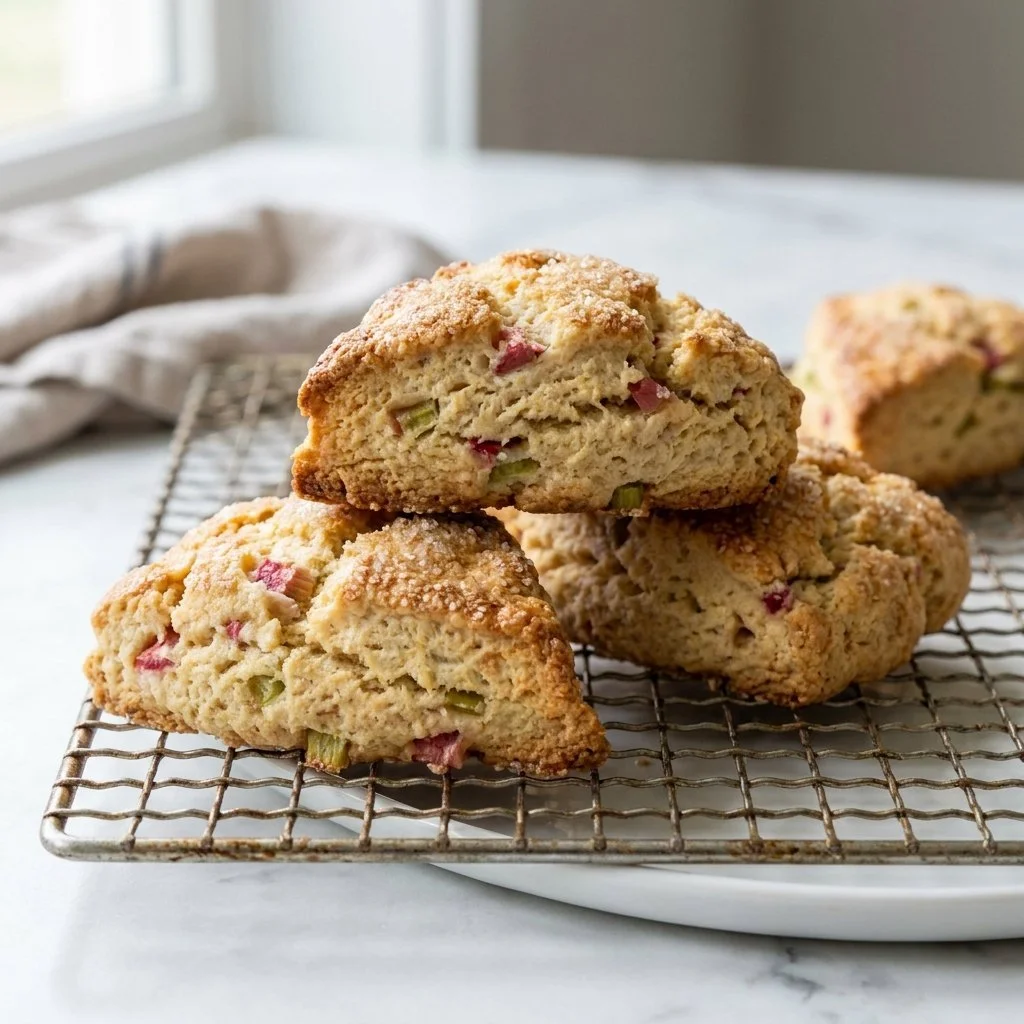 Freshly baked rhubarb scones with hints of sweet and tart flavors.