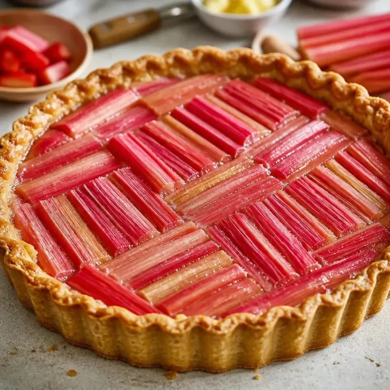Delicious homemade rhubarb tart with vibrant rhubarb filling and golden crust