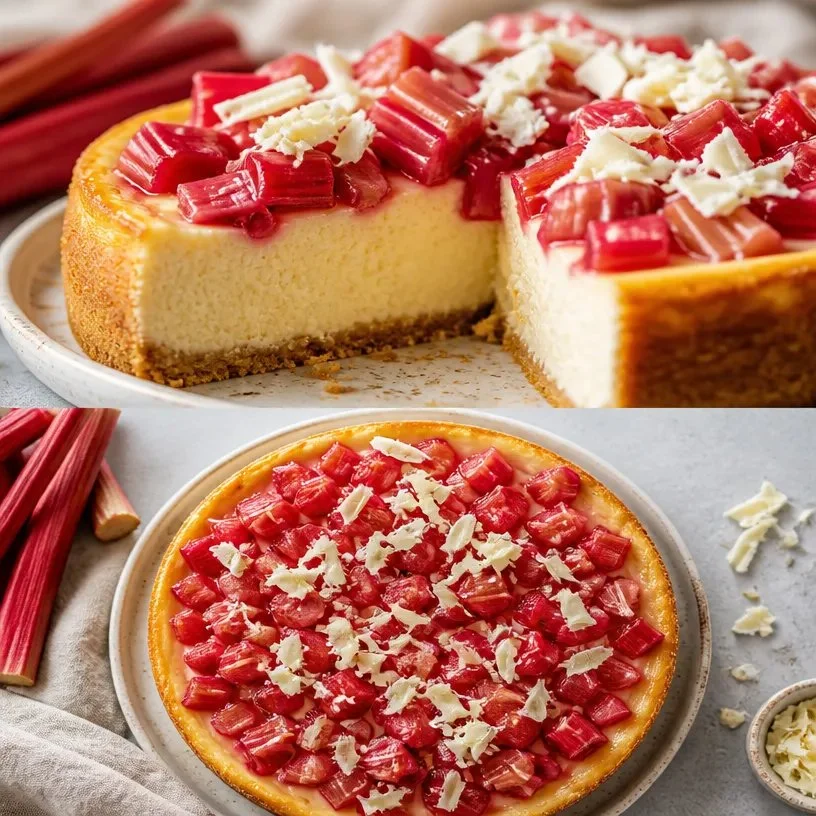 A slice of rich white chocolate rhubarb cheesecake garnished with fresh rhubarb.