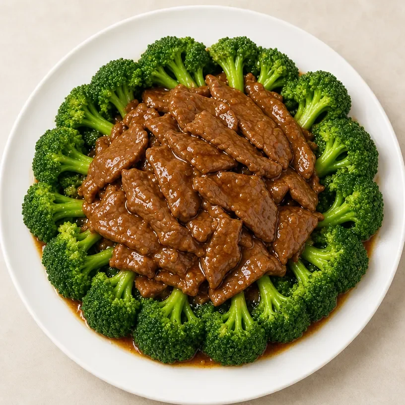 Slow Cooker Beef and Broccoli served on a plate with rice
