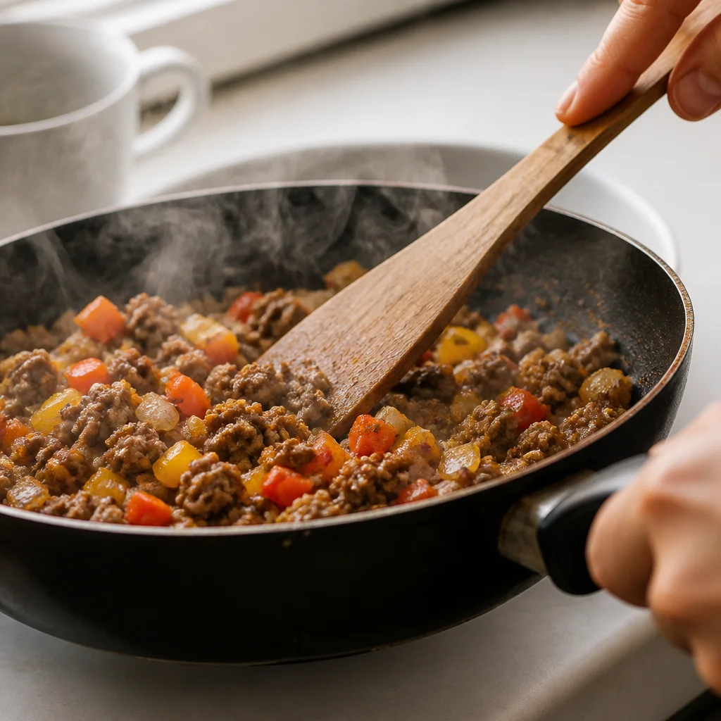 Quickly defrosting ground beef in the microwave for safe cooking.