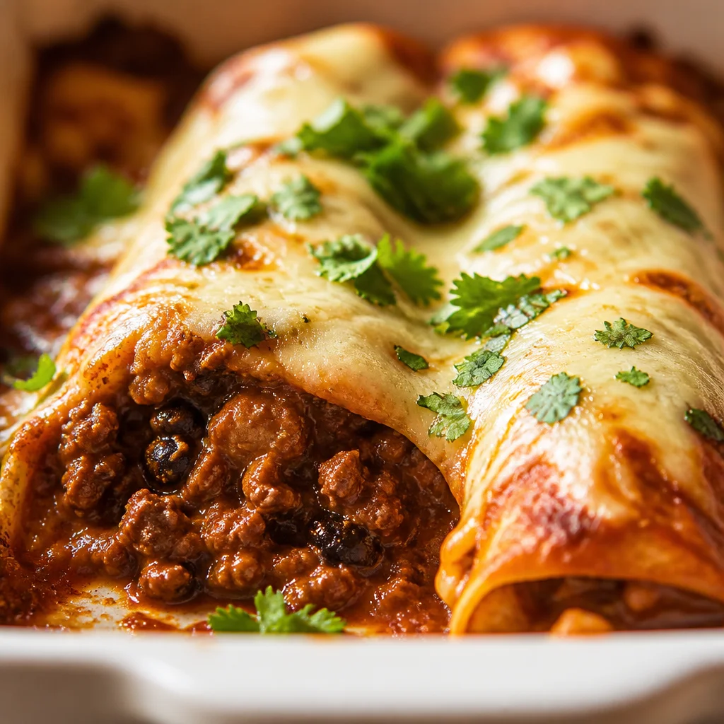 Delicious Ground Beef Enchiladas topped with cheese and fresh toppings