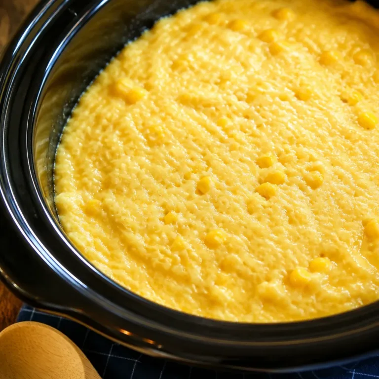 Cozy Crockpot Recipes 2 Delicious Crockpot corn casserole with sweet corn, Jiffy mix, and cheddar cheese.