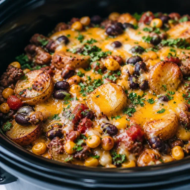 Cozy Crockpot Recipes 3 Delicious Crockpot Cowboy Casserole with beef, potatoes, cheese, and beans in a slow cooker.