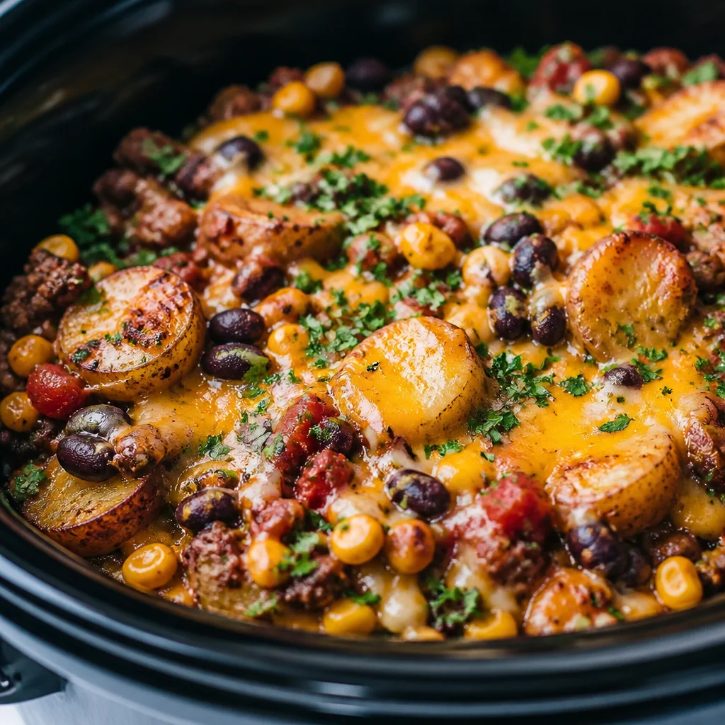 Deliciously Easy Crockpot Cowboy Casserole for Busy Days 21 Delicious Crockpot Cowboy Casserole with beef, potatoes, cheese, and beans in a slow cooker.