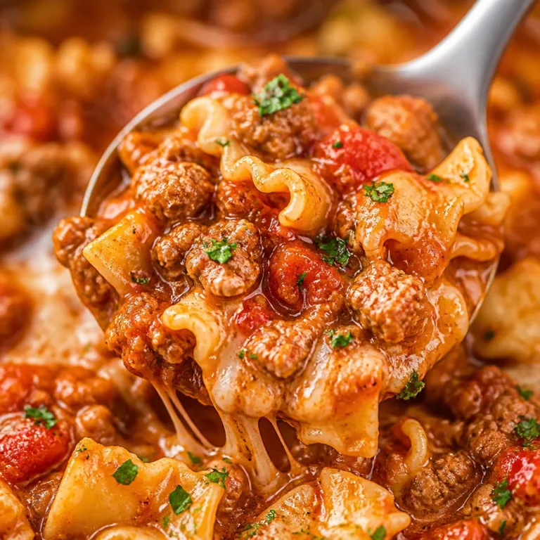 Bowl of hearty crockpot lasagna soup with ground beef, noodles, and melted cheese