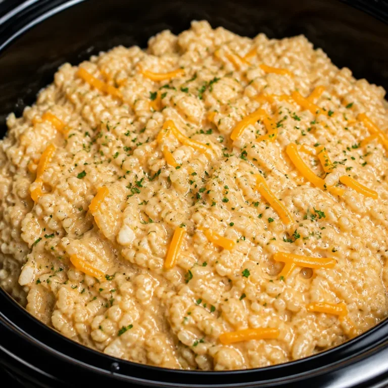 Creamy and cheesy crockpot chicken and rice ready to serve for dinner.