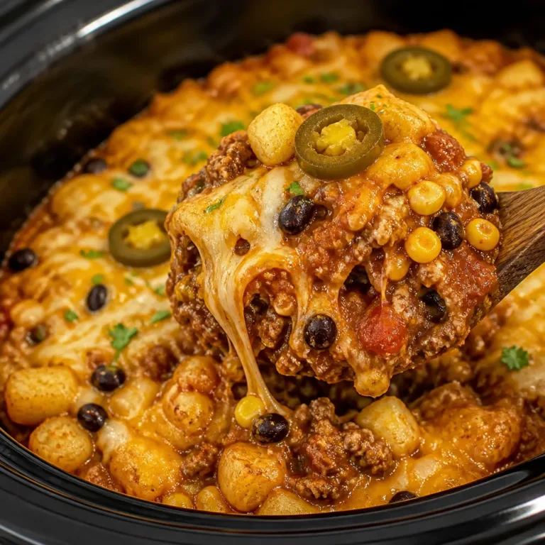 Cozy Crockpot Recipes 1 Delicious Crockpot Taco Casserole with ground beef, beans, and cheese in a slow cooker.