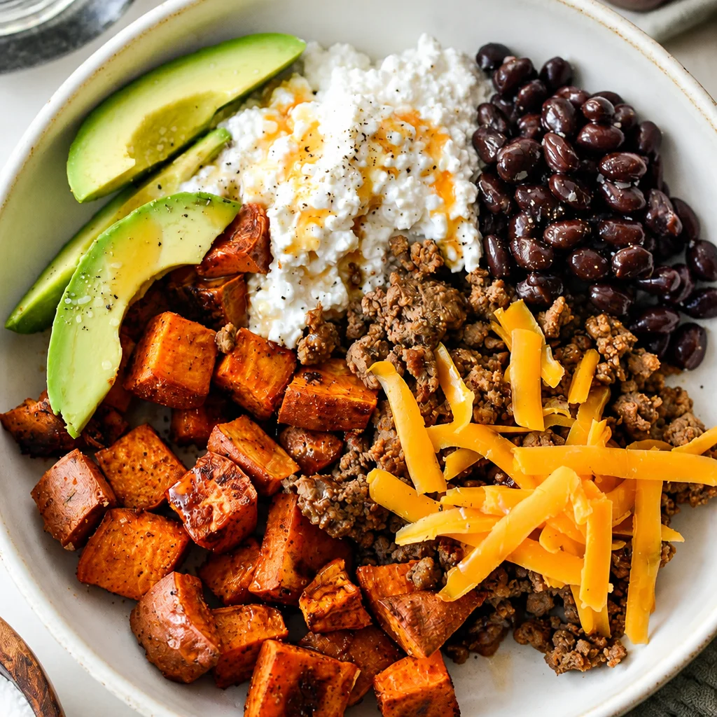 Savory Ground Beef and Sweet Potato Bowl for Cozy Nights 21 Ground beef and sweet potato bowl topped with cottage cheese and avocado.