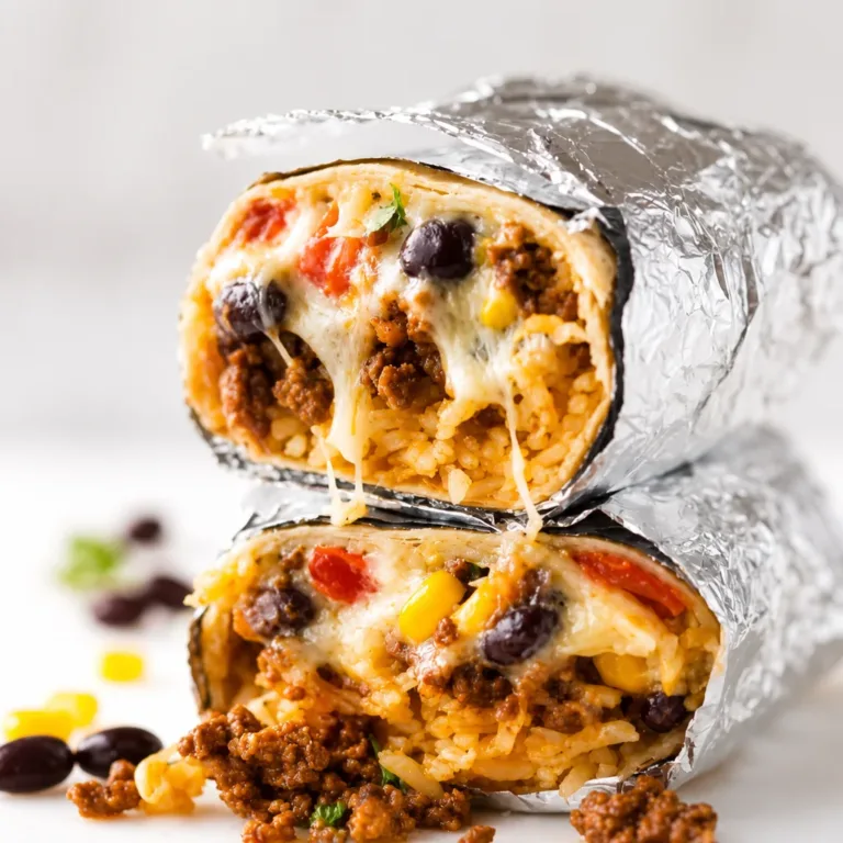 Delicious ground beef burrito filled with seasoned beef, rice, and cheese.