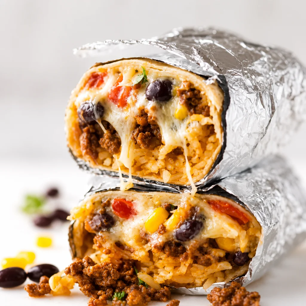 Delicious ground beef burrito filled with seasoned beef, rice, and cheese.