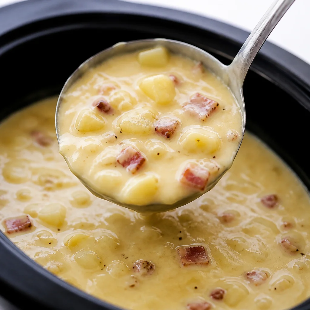 Comforting Slow Cooker Potato Soup for Cozy Nights 24 Bowl of creamy Slow Cooker Potato Soup garnished with bacon and herbs.