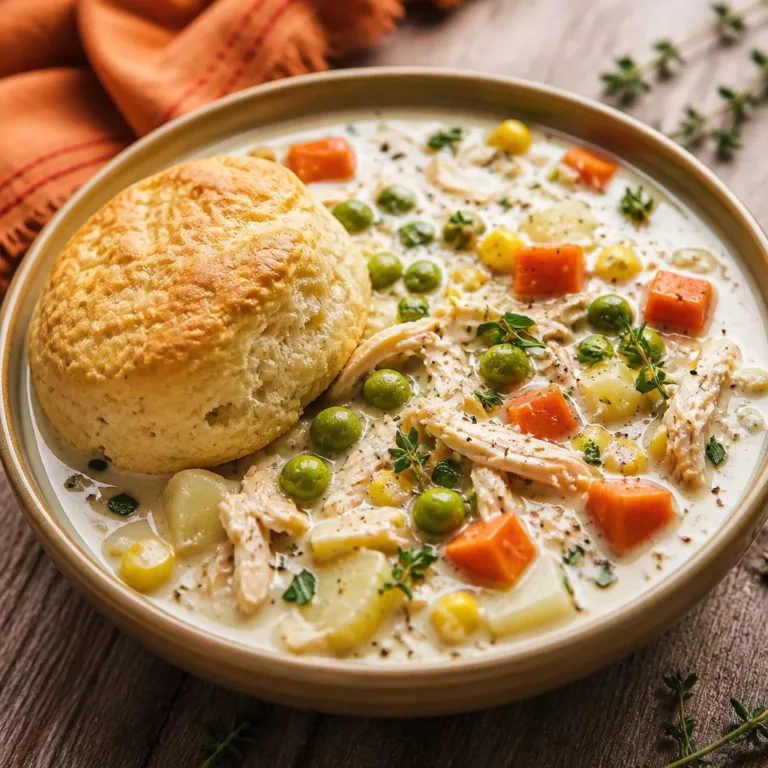 A bowl of creamy Crockpot Chicken Pot Pie Soup filled with chicken and vegetables.