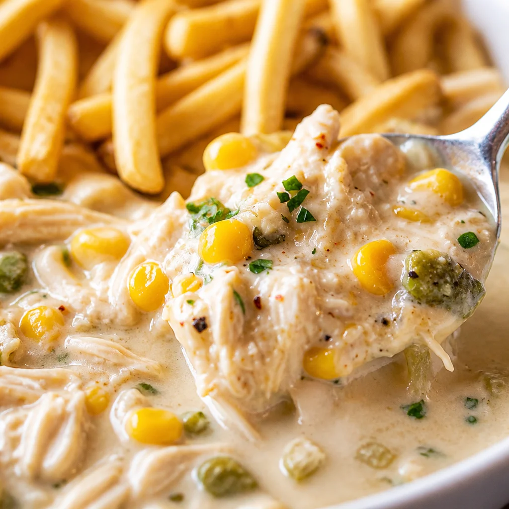 Easy and Delicious Slow Cooker White Chicken Chili Recipe! 24 Bowl of Slow Cooker White Chicken Chili topped with cilantro and served with tortilla chips.