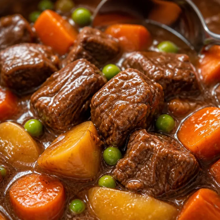 Cozy Crockpot Recipes 1 Delicious Slow Cooker Beef Stew with tender meat, potatoes, and carrots in a hearty broth.