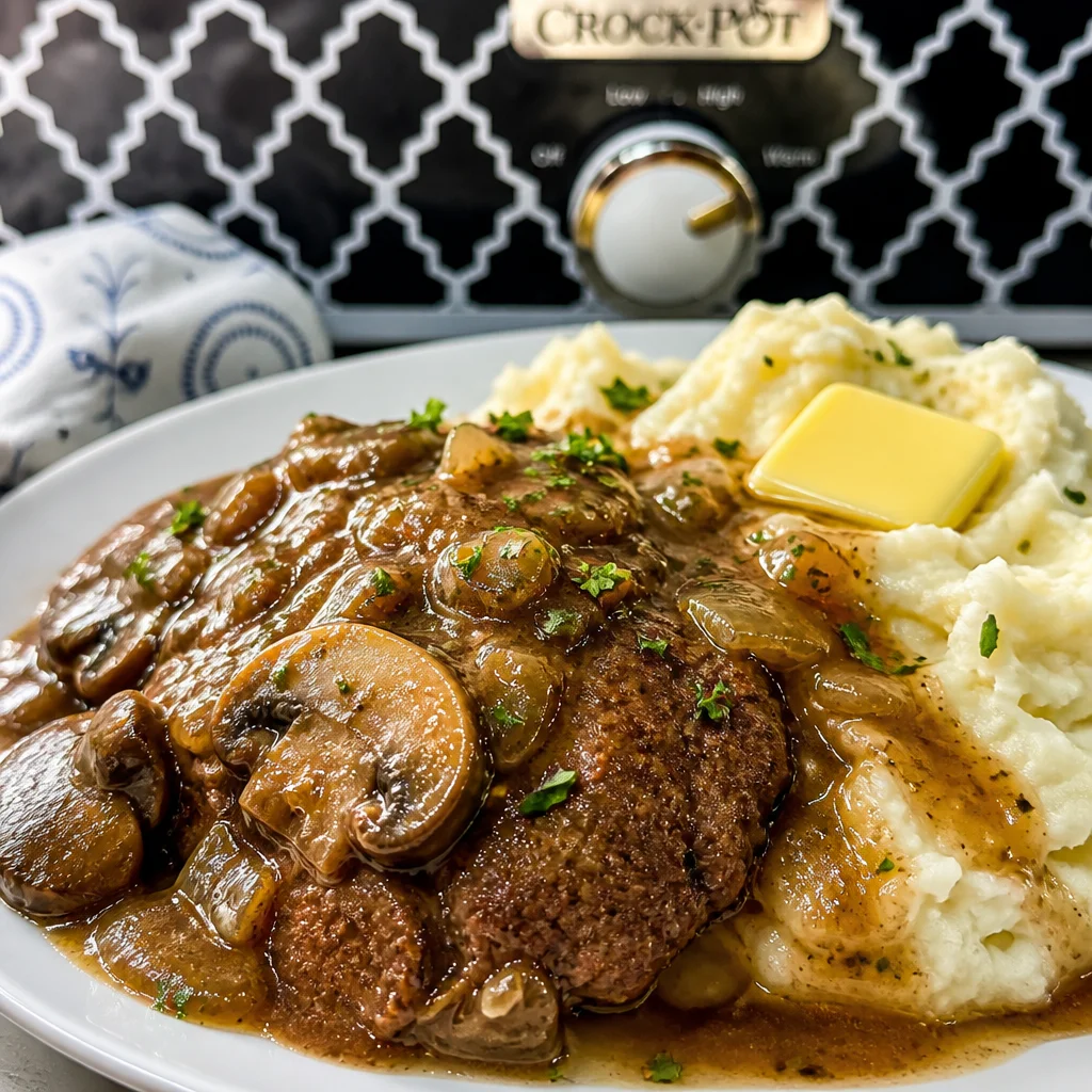 Savory Crockpot French Onion Salisbury Steak for Cozy Nights 27 Crockpot French Onion Salisbury Steak served over mashed potatoes with gravy.