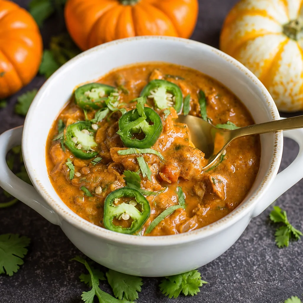 Warm Up with Slow Cooker Pumpkin White Chicken Chili 24 Bowl of Slow Cooker Pumpkin White Chicken Chili garnished with cilantro and jalapeƱos.