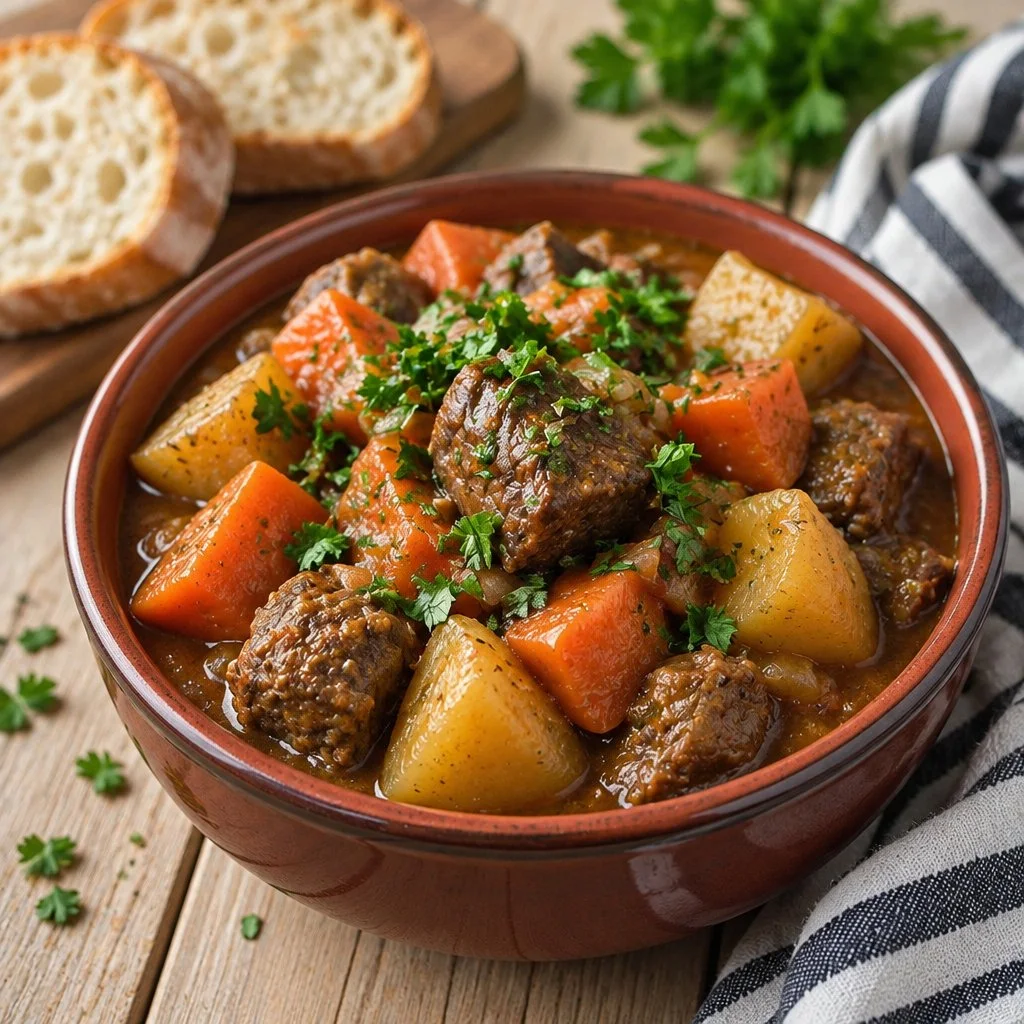 Delicious crock pot beef stew simmering with vegetables and spices