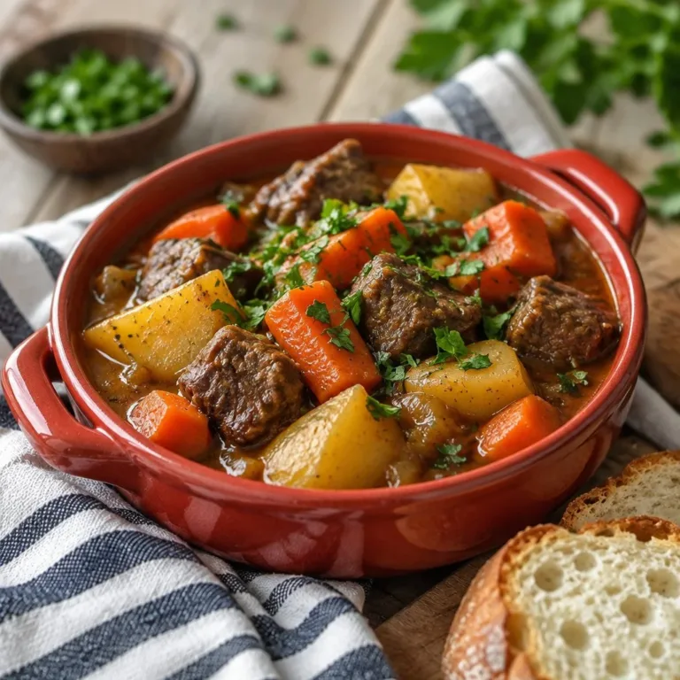 Cozy Crockpot Recipes 1 Delicious bowl of Crock Pot beef stew garnished with herbs and vegetables.