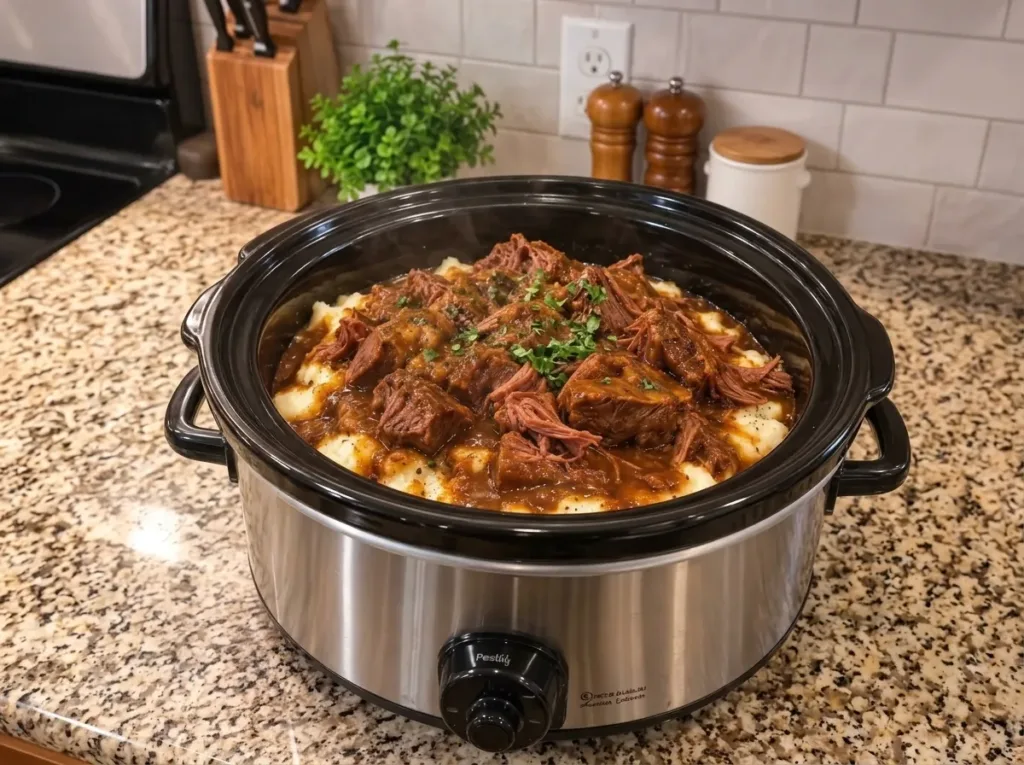 Delicious slow cooker beef tips served with vegetables and herbs.
