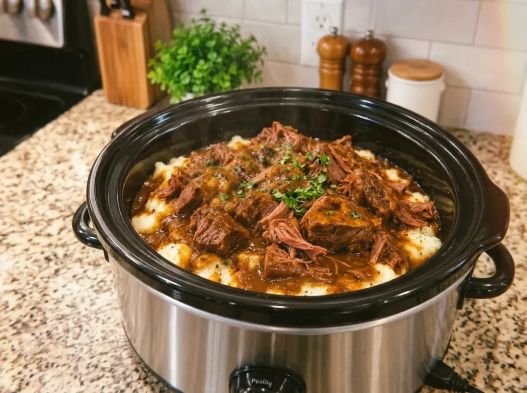 Delicious slow cooker beef tips served with vegetables and herbs.