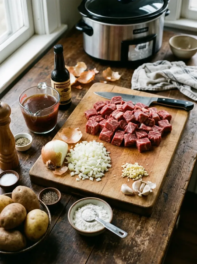 Delicious slow cooker beef tips served with vegetables and herbs.
