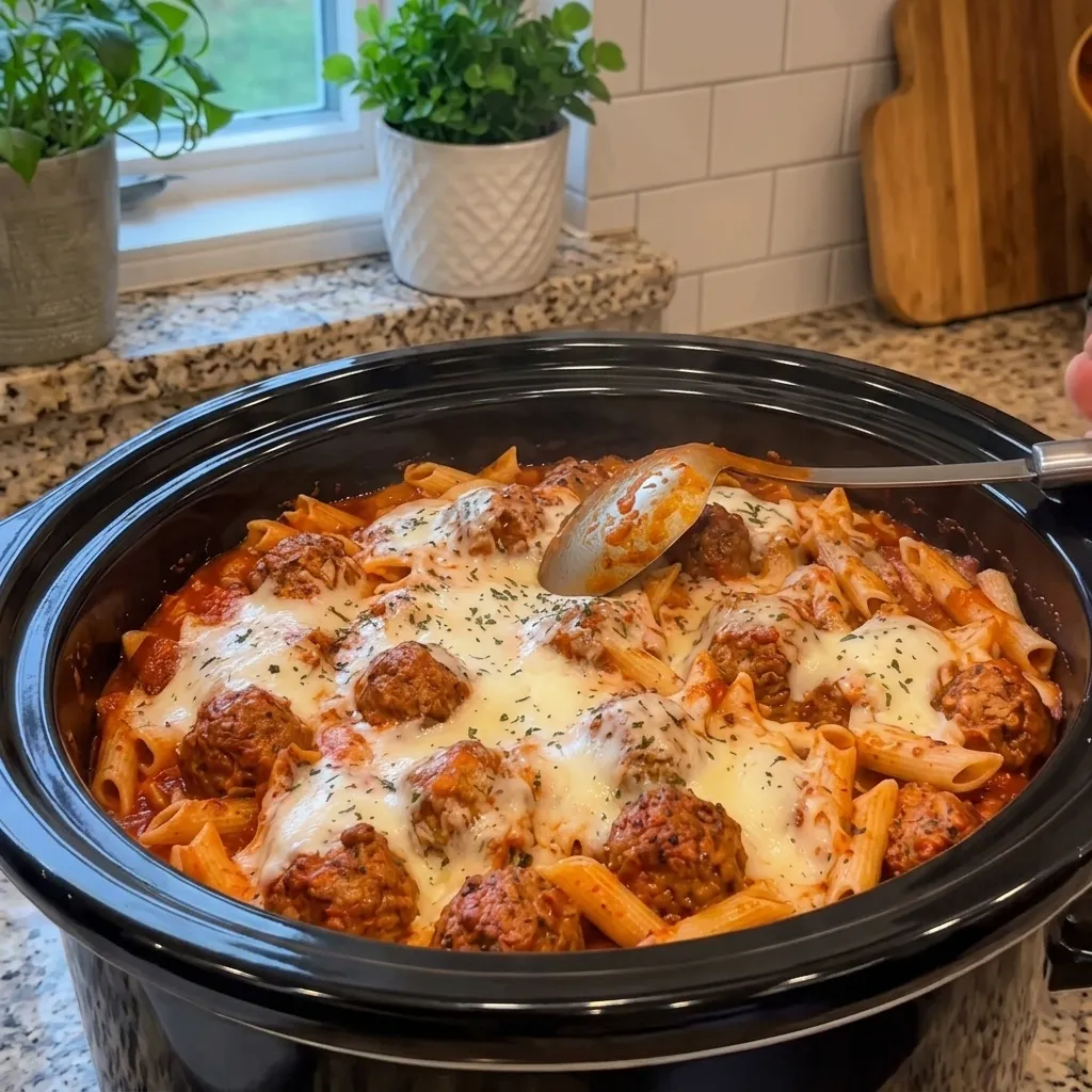 A delicious serving of Crockpot Meatball Penne with garnished herbs.