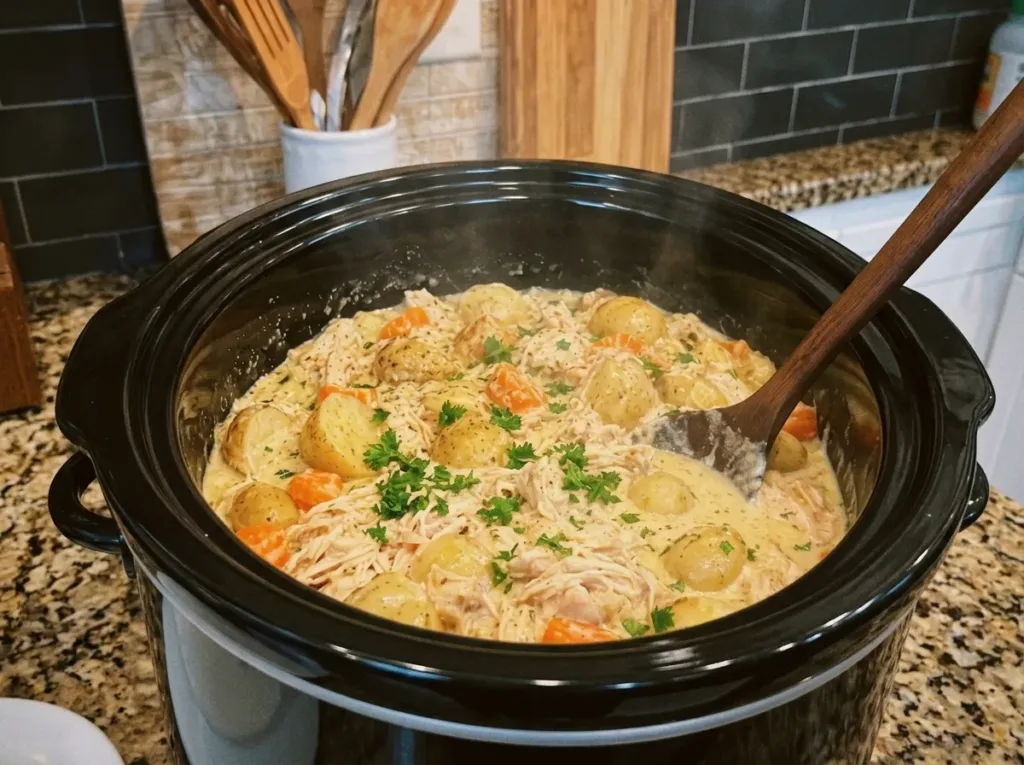 Slow Cooker Creamy Ranch Chicken with Potatoes dish served on a plate
