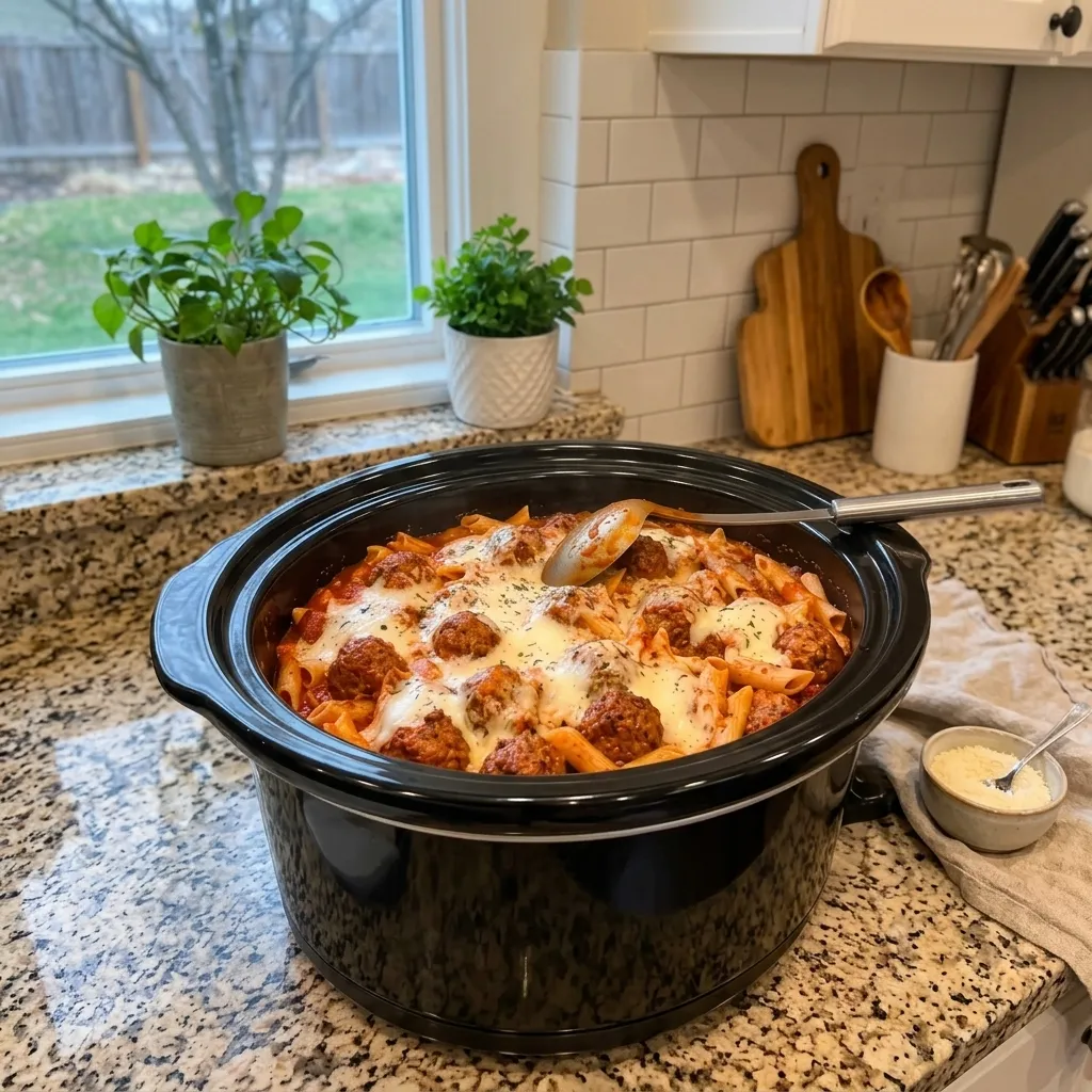 A delicious serving of Crockpot Meatball Penne with garnished herbs.