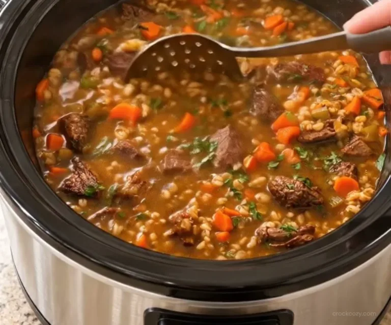 Cozy Crockpot Recipes 2 Bowl of hearty Beef and Barley Soup with vegetables and herbs