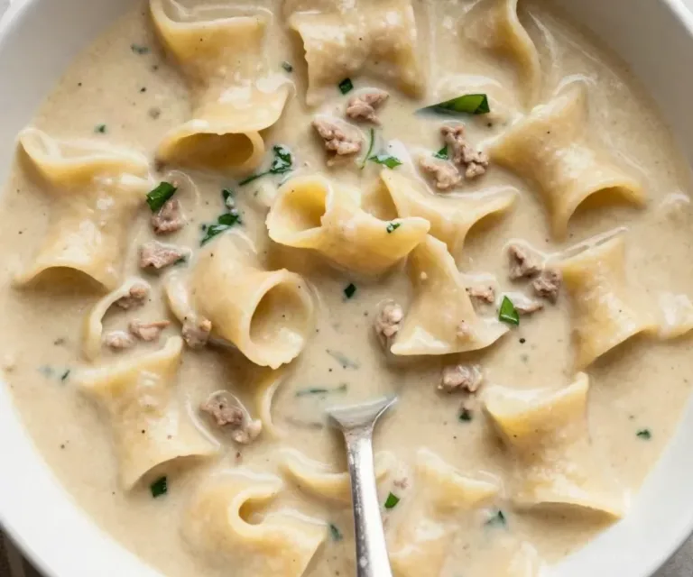 Creamy white lasagna soup with chicken and sausage in a bowl