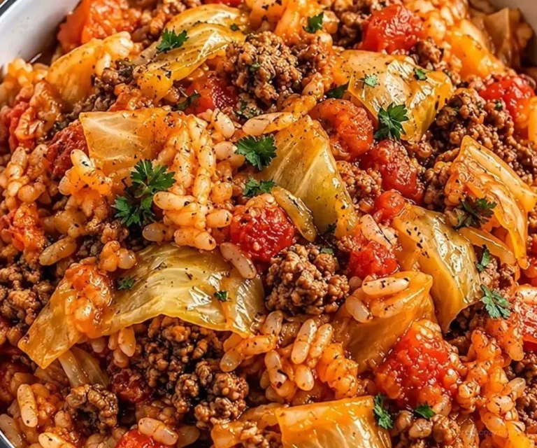 Crockpot Cabbage Roll Casserole served in a bowl with ingredients visible
