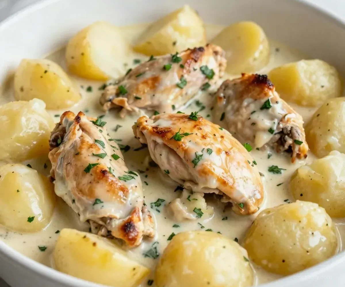 Crockpot Garlic Parmesan Chicken & Potatoes | 10-Min Prep 20 Crockpot Garlic Parmesan Chicken served with potatoes in a bowl