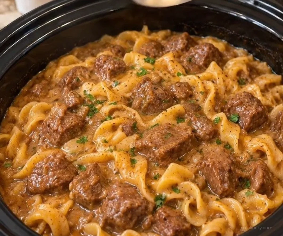 Easy Slow Cooker Beef Tips and Noodles 14 Bowl of easy slow cooker beef tips and noodles ready to serve