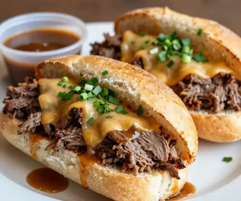 Easy french dip sandwich with roast beef and au jus served on a plate
