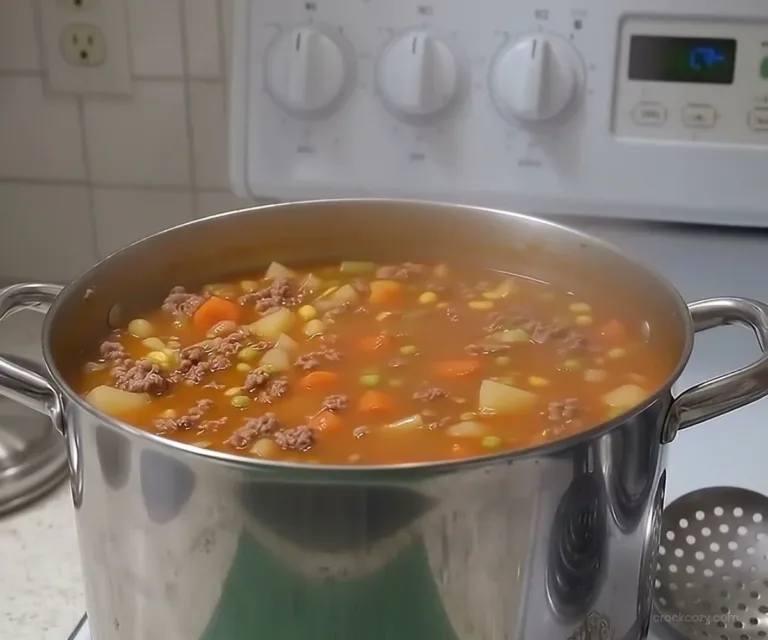 Bowl of old-fashioned hamburger vegetable soup with fresh vegetables