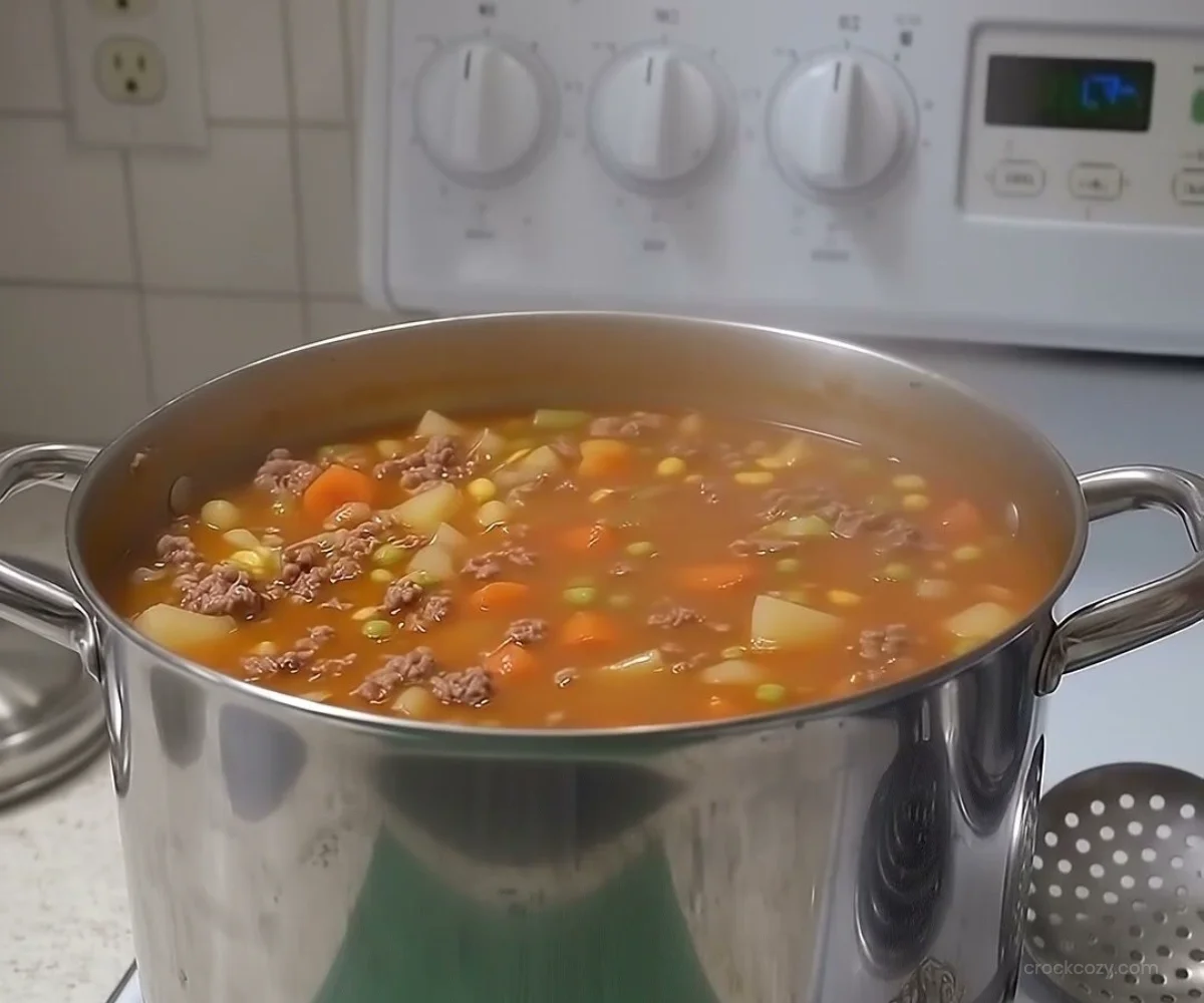 Old-Fashioned Hamburger Vegetable Soup Recipe 23 Bowl of old-fashioned hamburger vegetable soup with fresh vegetables