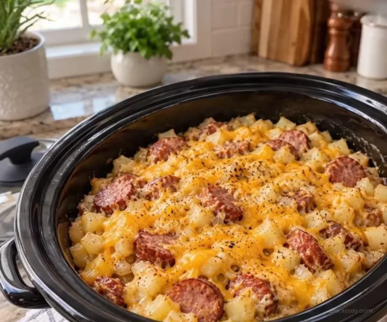 Delicious slow cooker beef kielbasa hash brown casserole in a serving dish