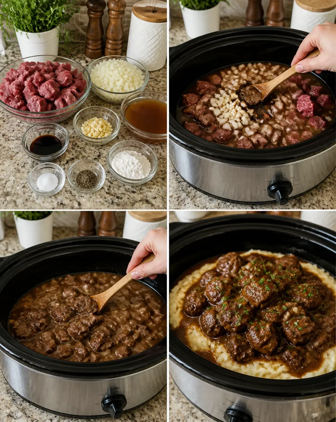 Slow Cooker Beef Tips in Rich Gravy with Creamy Mashed Potatoes