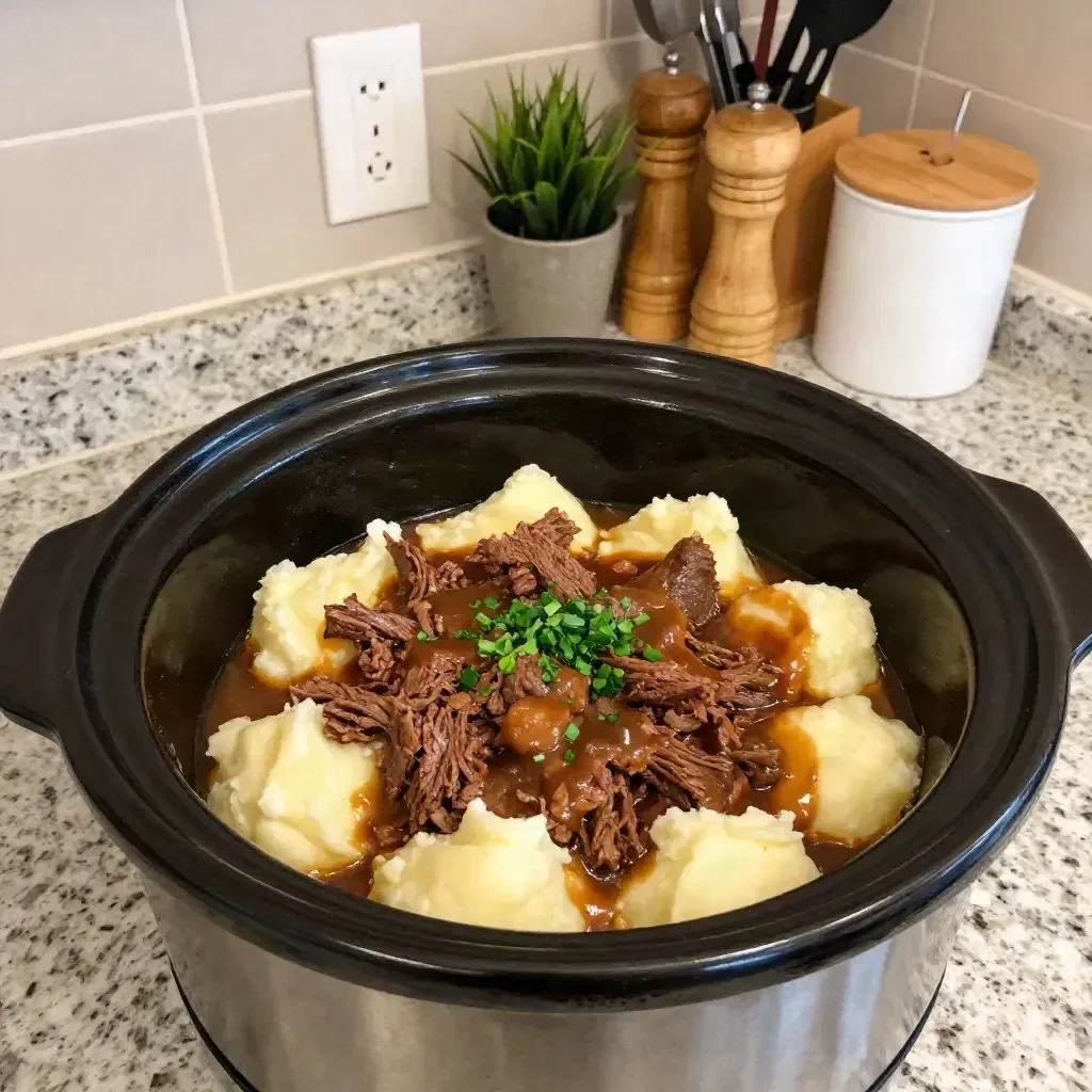 Slow Cooker Beef Tips in Rich Gravy with Creamy Mashed Potatoes