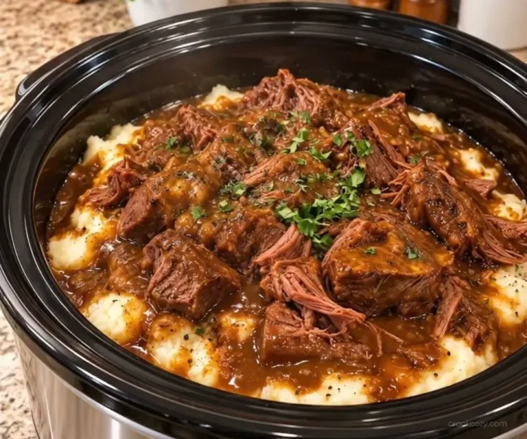 Cozy Crockpot Recipes 2 Delicious slow cooker beef tips served with vegetables and herbs.