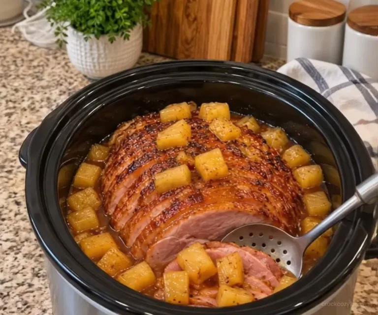 Slow cooker brown sugar pineapple chicken ham dish garnished with fresh herbs.