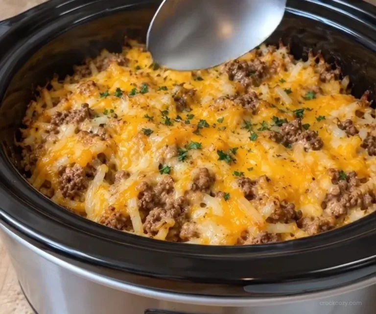 Cozy Crockpot Recipes 6 Delicious slow cooker cheesy beef hash brown casserole served in a dish.