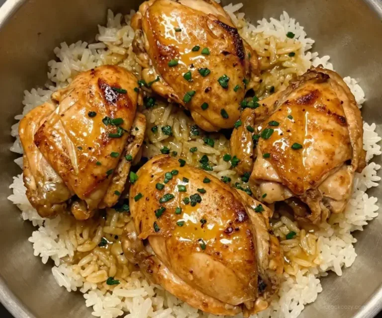 Slow cooker lemon herb chicken served with rice