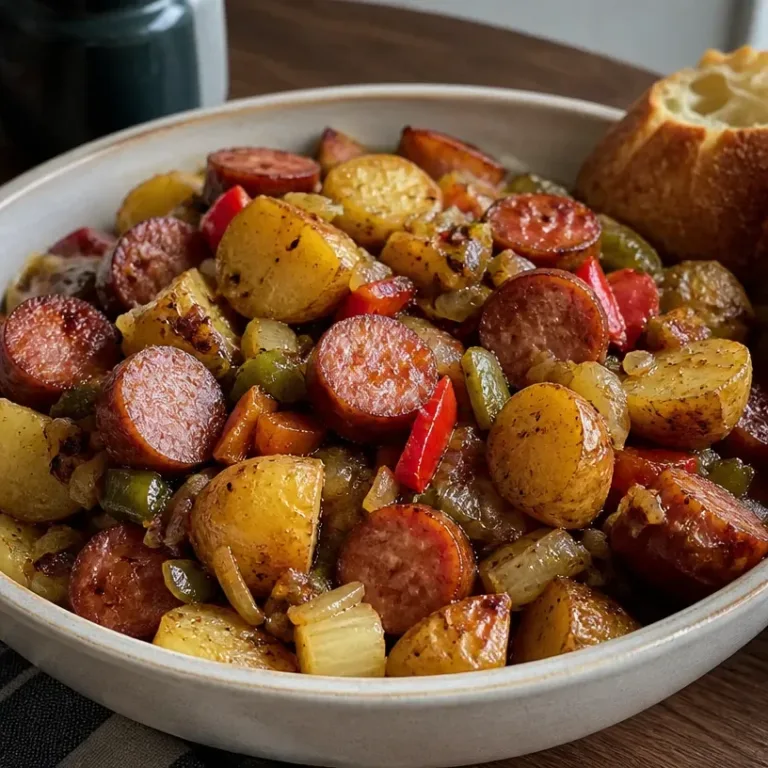 Crockpot dish featuring swamp potatoes and sausage cooked to perfection.